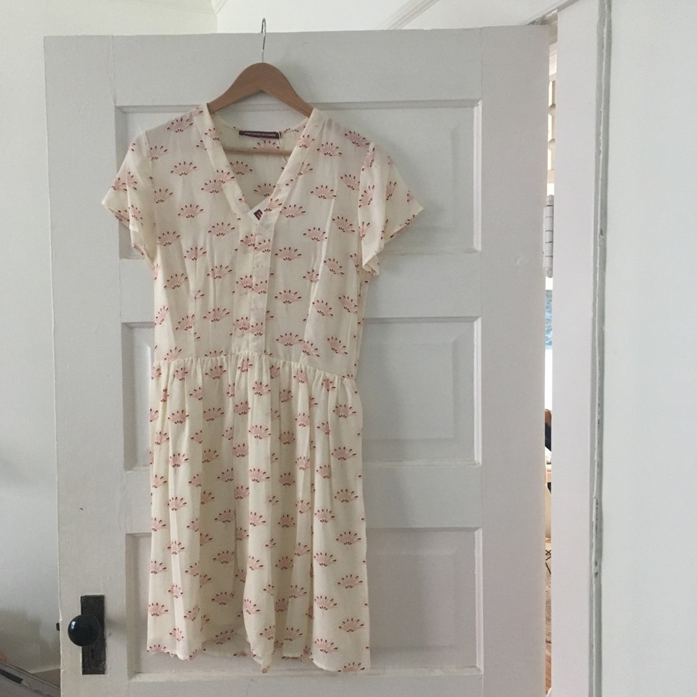 Comptoir Des Cotonniers Ecru Short Sleeve Floral Print 100% Silk Dress size S